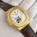 Swiss Grade Replica Watches Patek Philippe Nautilus White Face with Tourbillon Gold Case Watches